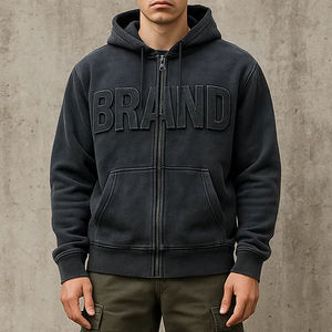 Sweat à capuche à fermeture éclair intégrale en tissu lavé vieilli pour hommes et impression 3D en relief graphique OEM Streetwear vintage surdimensionné - Product Image 1