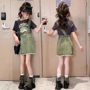 2024 Fashion Children Teenager Girl Short Brown Letter Print Shirt + Blue Green Asymmetrical Denim Skirt 2 pcs Set 5-15 Years