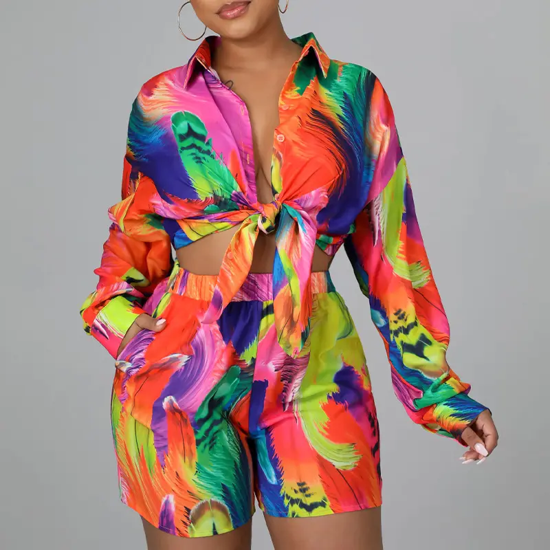 2022 summer fashion women outfits long sleeve print loose t shirts with shorts set tie dye print two piece shorts set