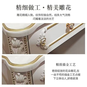 White Carved Wood Makeup <b>Vanity</b> Set Oval Mirror Dressing <b>Table</b> Storage Cabinet Bedroom Furniture - Product Image 3