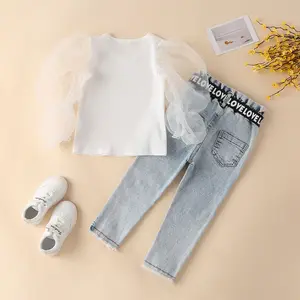 2022 children cloths in little girls 2 piece clothing sets baby girl white puff sleeve top and jeans pants clothes