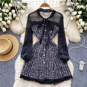 knee length dresses for ladies Style Retro Court Style V-Neck Waist Lace Mesh Patchwork Dress Fairy Slimming Ladies Long Dress White / XL main image 1