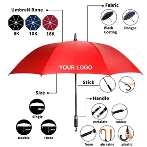 Ucuz fiyat promosyon markalı rüzgar geçirmez özel Logo renkli Pongee otomatik düz büyük golf şemsiyeleri için açık