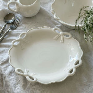 Plato de Postre de Cerámica con Lazo en Relieve Romántico Francés, Plato de <span class=keywords><strong>Cena</strong></span> de Cerámica Simple Blanco Puro - Product Image 5