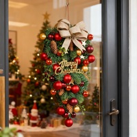 Hiasan Pintu Natal Bentuk Pohon Terbalik dengan Pita Goni, Buah Pinus, dan Bola Natal untuk Dekorasi Rumah di Hari Libur