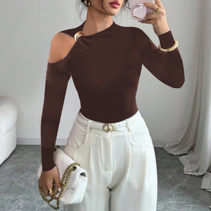 Channel 95 T-shirt da <span class=keywords><strong>donna</strong></span> sexy a collo alto con spalle scoperte, in 95% Rayon 5% Spandex, a manica lunga, con cut-out, vestibilità <span class=keywords><strong>slim</strong></span>, 2026 - Product Image 3