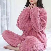 I-0509 femmes décontracté flanelle polaire pyjamas à manches longues col rond couleur unie Offre Spéciale épaissi hiver maison porter deux pièces ensemble