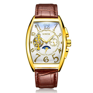 SEWOR Nuovo <span class=keywords><strong>Orologio</strong></span> Meccanico <span class=keywords><strong>Automatico</strong></span> Tourbillon Tonneau Nero e Oro con <span class=keywords><strong>Cinturino</strong></span> in Vera <span class=keywords><strong>Pelle</strong></span> per Uomo - Product Image 2