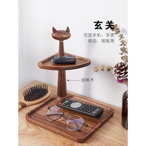 Organisateur de bureau en bois massif avec design chat, rangement pour clés et vase à fleurs pour entrée ou salon - Product Image 3