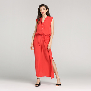 Modèles chauds de 2020 16MM 100% CDC en soie rouge Vif sans manches V cou femmes longue robe élégante - Product Image 1