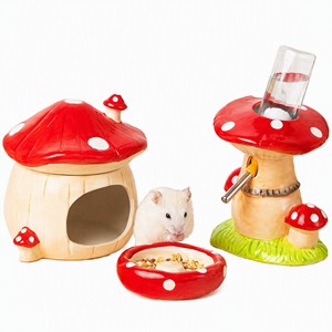 Casa de Cerámica para Hámster con Diseño de Champiñón, Roja con Puntos, Cueva para Mascotas Pequeñas con Tazón de Comida y Botella de Agua para Cobayas y Hámsteres Enanos - Product Image 1