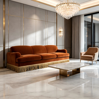 Canapé droit moderne en velours à franges de luxe, trois places, dossier haut, pour salon de villa et mobilier de projet de manoir