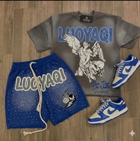 Ensemble de survêtement court vintage délavé avec impression en relief personnalisée, streetwear vintage, impression sérigraphiée avec strass et ensembles de t-shirts pour hommes