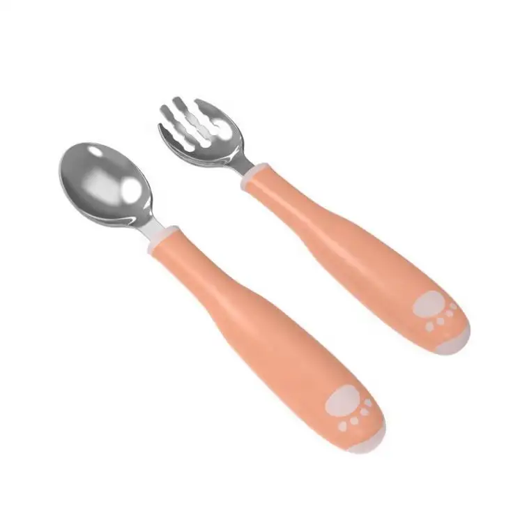 Cute Design Baby Feeding Utensils Set Plastic Handle Cutlery Stainless Steel Spoon And Fork Set