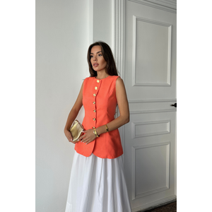 Chaleco de Lino Jacquard Ajustado a la Cintura, Color Naranja, Top sin Mangas para Mujer, Talla S - Product Image 3