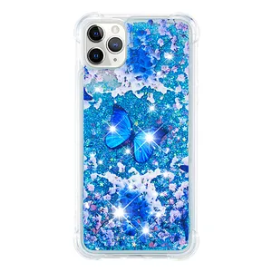 美丽的蝴蝶 TPU 修身耐用防震液体流沙闪光手机壳与防震保护 iPhone 11