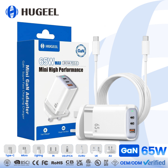HUGEEL Wholesale 65W GaN Charger PD Fast Charging UKCA CE Certification Type-C Desktop Charge for Phone Laptop USB Charging Kit