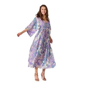 Station indépendante européenne américaine pour <span class=keywords><strong>Amazon</strong></span> <span class=keywords><strong>robe</strong></span> nouvelle manches chauve-souris longue col en V fendu <span class=keywords><strong>plage</strong></span> vacances <span class=keywords><strong>robe</strong></span> florale - Product Image 5