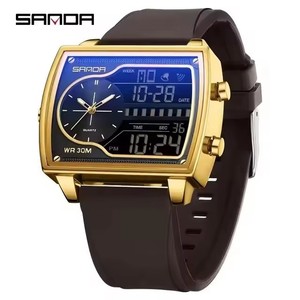 Montre-bracelet numérique à quartz multifonction pour homme Sanda 6163, de luxe, avec 3 fuseaux horaires, cadran carré, bracelet en acier/silicone/cuir - Product Image 3