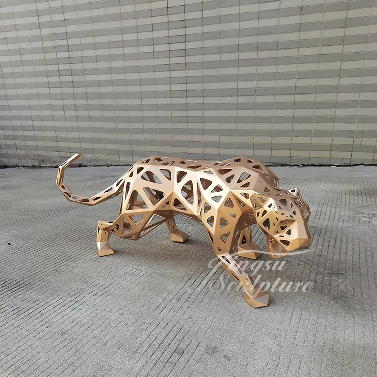 Outdoor modern city decoration gold color animal sculptures life size leopard statue