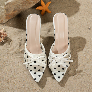 Sandálias Femininas de Salto Alto com Bico Aberto, Estilo Stiletto, Tamanho Grande, Pretas com Poás, Laços, Sensuais, Slip-On, Tendência de Moda Verão - Product Image 5