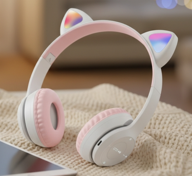Factory Price Cat Ear RGB Light Over-Ear Wireless Headphones with Stereo Sound Children's Headset Headphones for Kids