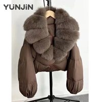 Veste courte en duvet à col en fourrure de renard, coupe ample pour femme, duvet de canard blanc, manteau d'hiver