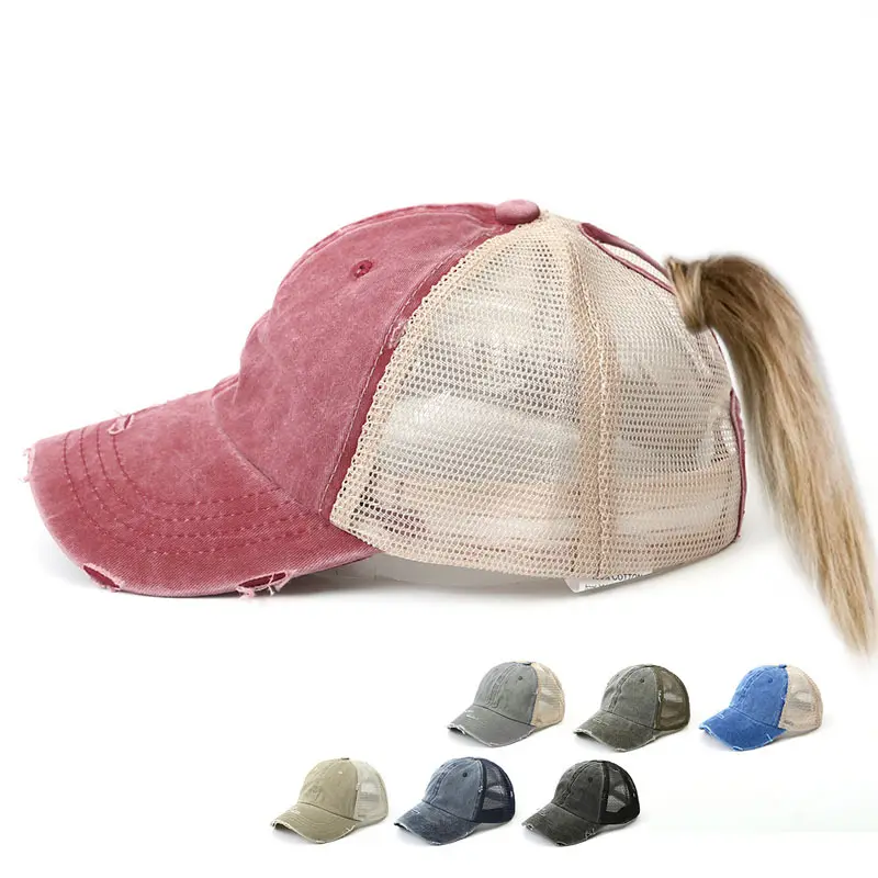 New Retro Mesh Baseball Cap Sports Cap Fitted Hat Washed Cowboy Trucker Ladies Hat Ponytail Cap