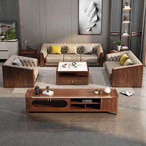 <b>Walnut</b> Solid Wood Sofa Living Room Set 1-3 Seater Genuine Leather Tufted Chinese Minimalist Style - Product Image 2