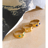 Bague ouverte ajustable JINYOU 8296 en acier inoxydable texturé, plaquée or, avec pierre naturelle incrustée