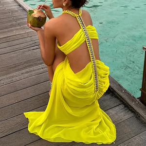 Vestido largo recortado amarillo neón para mujer con cuello Halter <span class=keywords><strong>de</strong></span> cadena-Vestido <span class=keywords><strong>de</strong></span> resort <span class=keywords><strong>de</strong></span> lujo para <span class=keywords><strong>vacaciones</strong></span> en la isla y galas al atardecer - Product Image 3