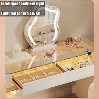 Meuble de rangement pour la maison, coiffeuse avec miroir LED et chaise, plateau en verre réglable de 120 cm à 200 cm - Blanc