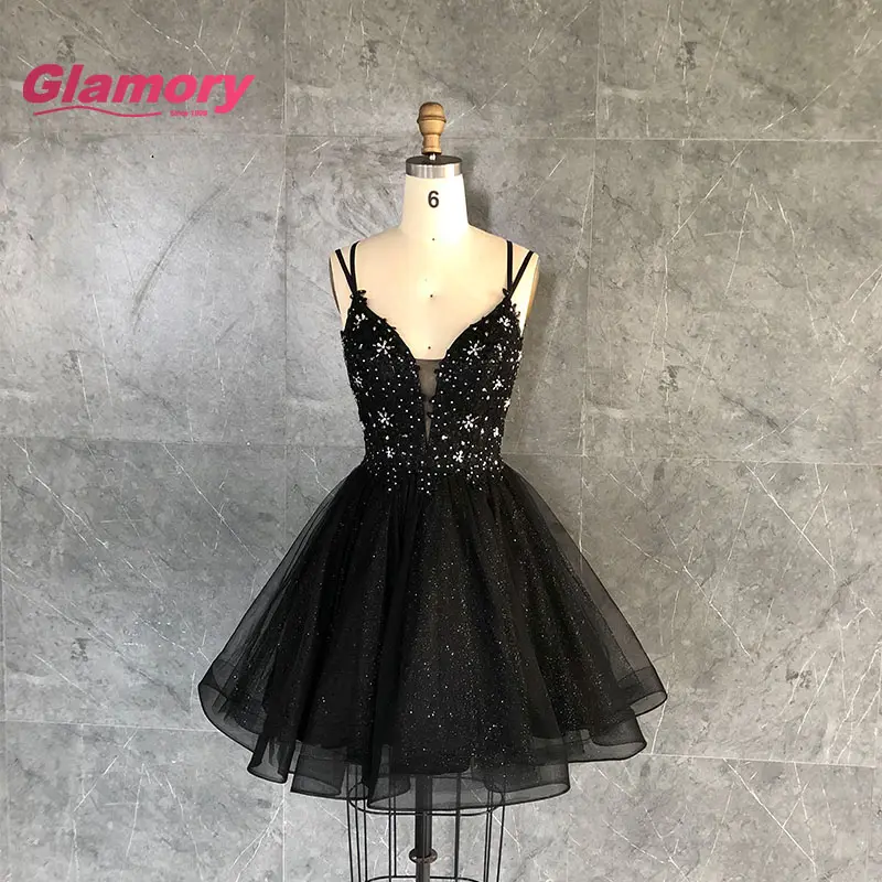 Hot Bán Câu Lạc Bộ Đảng Dress Đen Ren Đính Sâu V Cổ Sexy Backless Kích Thước Lớn Trên Đầu Gối Thống Evening Dresses