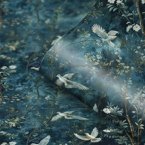 Creation Of Time And Space Peel And Stick Wallpaper Dark Blue Botanical With White Doves Self Adhesive For Cabinet Decor - Product Image 2