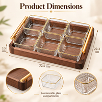 Ensemble de bols de service en noyer et verre avec 6 bols à bord doré et poignées pour bonbons, noix, fruits, apéritifs, décoration de table pour fêtes à domicile