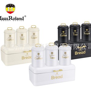 HausRoland Bread Box With 3 <b>Canisters</b> Coffee Sugar Tea Storage <b>Set</b> White Metal Kitchen Organizer HR422-1 - Product Image 3