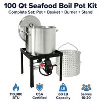Marmite à fruits de mer de 100 litres avec panier et brûleur |   Cuisinière au propane de 110 000 BTU |   Certifié CSA |   Acier inoxydable |   Capacité de 60 lb