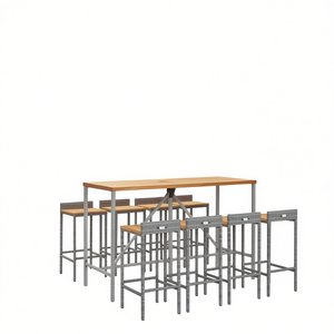 Ensemble de bar de jardin en bois d'acacia massif avec tabourets en rotin gris, mobilier d'extérieur 6 places, résistant aux intempéries, design contemporain - Product Image 1