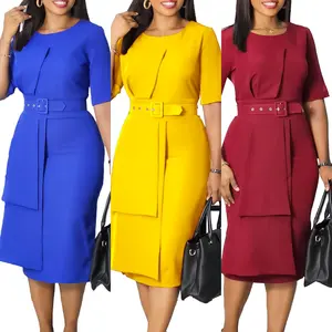 D496 최신 디자인 우아한 여성 오피스 드레스 여성 공식 작업 단색 짧은 소매 아프리카 여성 캐주얼 경력 드레스