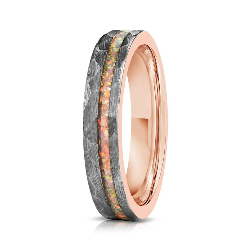 Tungsten Hammered Rose Gold Tungsten Ring Fire White Opal Ring Womens Opal Ring Wedding Band 4mm 8mm Comfort Fit