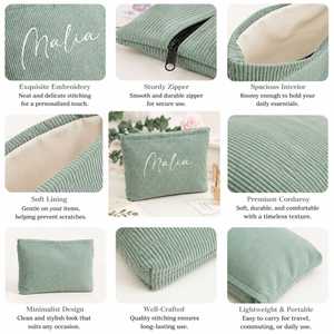 Aesthetic Corduroy Makeup Bag with Custom Name, Embroidered Cosmetic Pouch for <b>Purse</b>, Travel Toiletry Organizer - Product Image 5