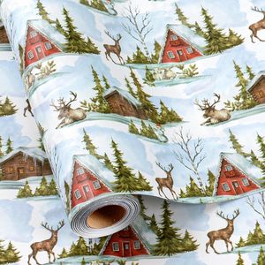 MAYPLUSS Christmas <b>Wrapping</b> <b>Paper</b> 17 In X 33 Ft Watercolor Reindeer Cabin Design Eco-Friendly Gift Wrap Craft Use - Product Image 1