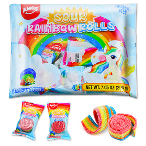 Amos Bonbons à la réglisse Saveur de fruits Sour Strip Chewing Fruit Saveur Sour Rainbow Rolls Gummy Candy - Product Image 1