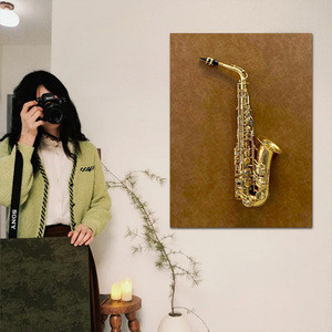Décoration Murale 3D en Métal Saxophone, Instrument de Musique Créatif, Cadre Photo en Boîte d'Ombre avec Feuille d'Or de Luxe, <span class=keywords><strong>Peinture</strong></span> sur Toile pour Décoration Intérieure - Product Image 1