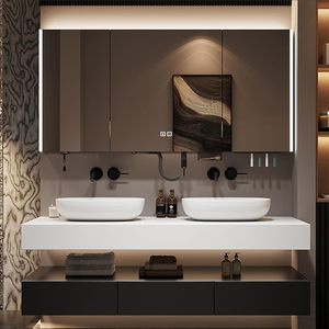 Mueble de Baño Moderno de Lujo en Blanco y Negro, con Doble Cajón, <span class=keywords><strong>Lavabo</strong></span> Integrado y Espejo con Gabinete LED Inteligente - Product Image 1