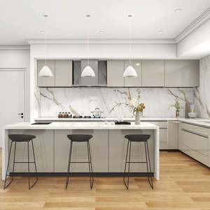 Juego de Muebles de Cocina con Isla de Diseño Moderno para Apartamentos y Villas, Muebles de Madera Personalizables con Estructura de Acero Inoxidable - Product Image 4