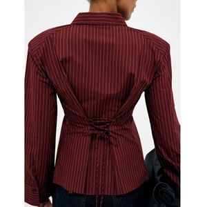 Women <b>Burgundy</b> Pinstripe Fitted Shirt Collar Long Sleeve Back Tie Waist Office Blouse Custom <b>Top</b> - Product Image 3