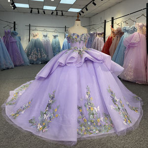 Dy6528 2 1 Vestidos de Quinceañera de Encaje Morado Claro, Vestido de Fiesta con Flores 3D, Escote Corazón, Cola Watteau, 100% Algodón - Product Image 2