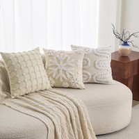 Housse de coussin carrée en polycoton tufté style crème, garnissage en coton PP, pour canapé de salon, avec pompons
