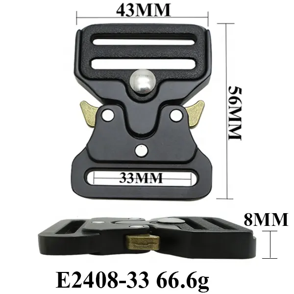E2408-33 금속 남자 핀 자동 사이드 릴리스 사용자 정의 전술 황동 빈 퀵 릴리스 클립 블랙 조정 가능한 사용자 정의 벨트 버클